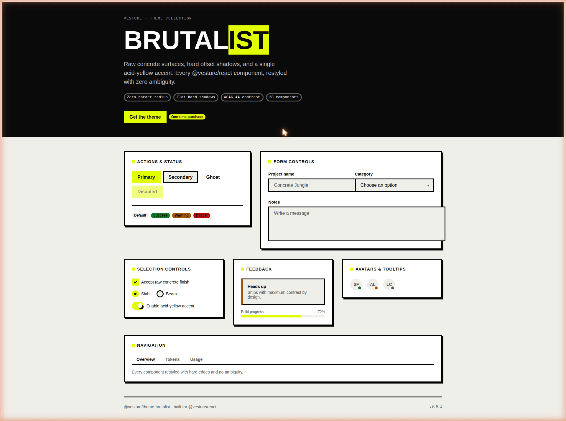Preview of the Brutalist theme applied across Vesture components