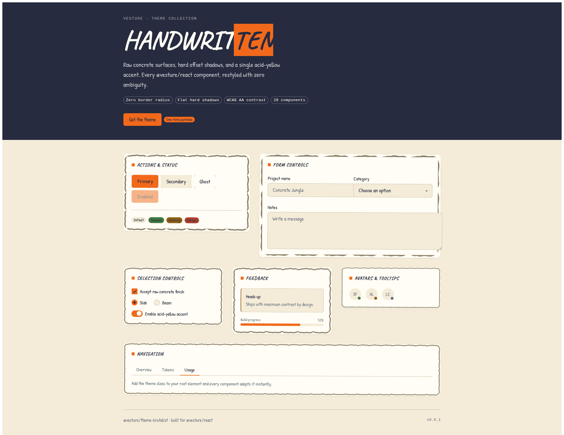 Preview of the Handwritten theme applied across Vesture components